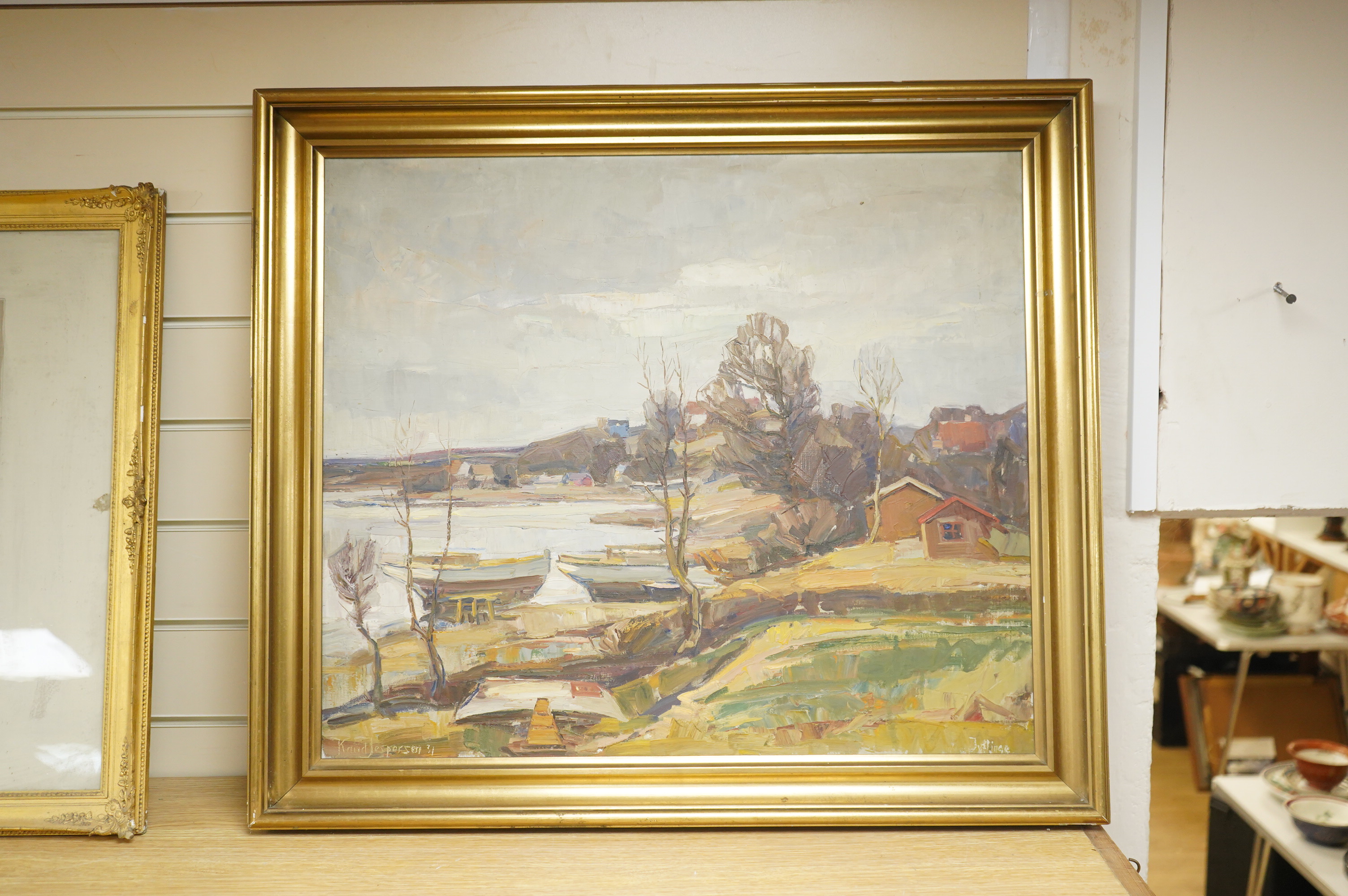 Knud Jespersen (Danish, 1879-1954), Estuary with beached fishing boats, signed and dated '31, impasto oil on canvas, 56 x 65cm